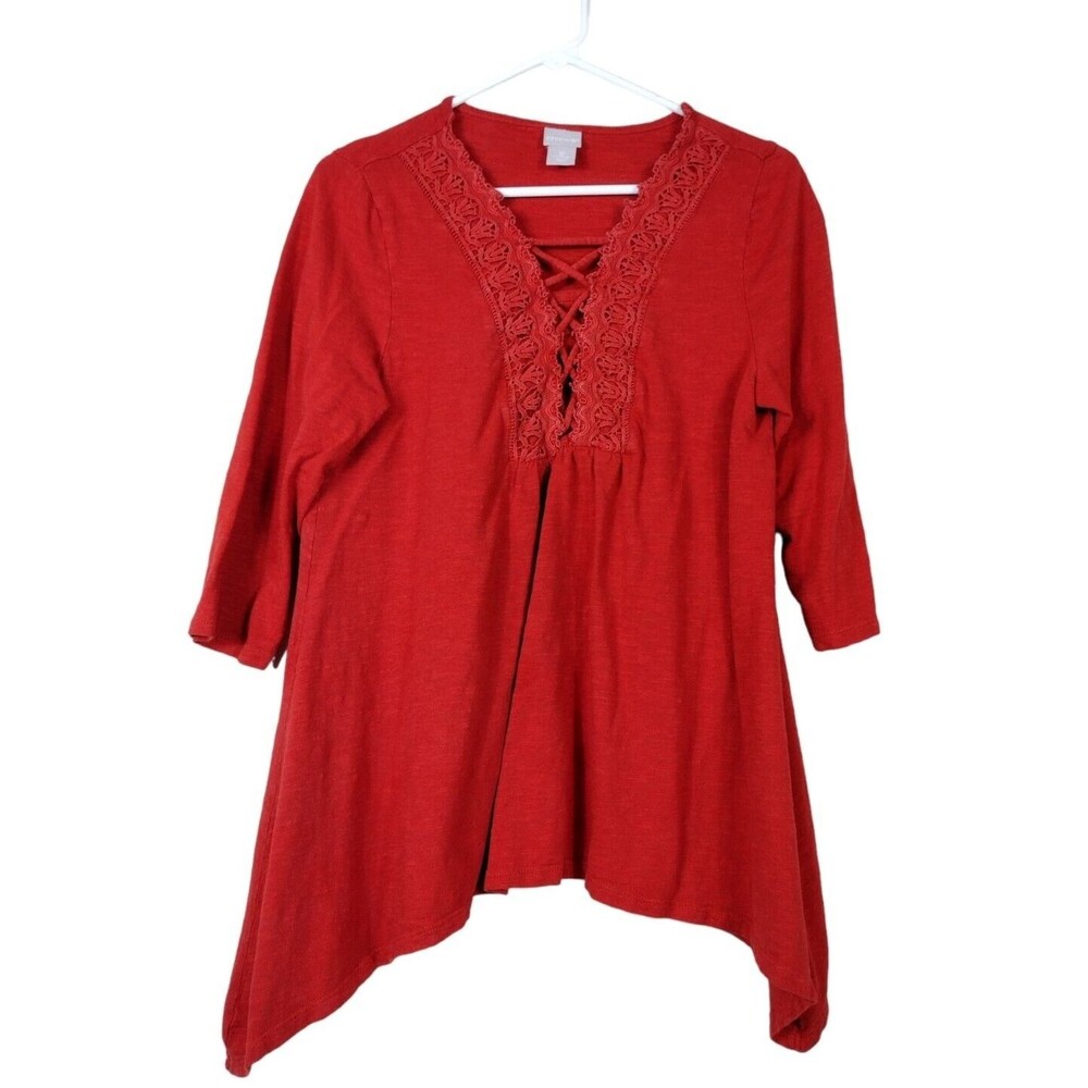 Chicos Womens Top Size 1R Copper Stretch 3/4 Sleeve Lace V-Neck -READ